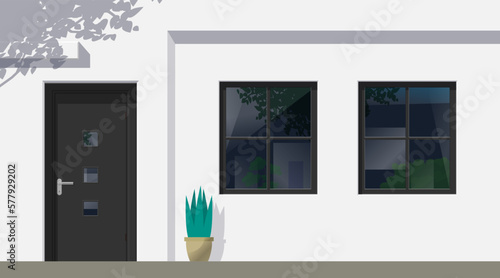 modern house white facade with entrance door window potted plant front view vector illustration