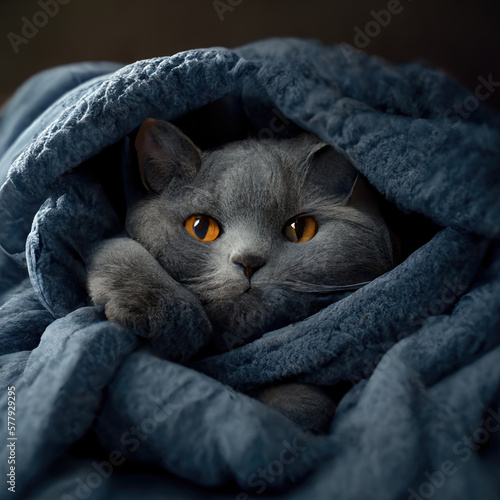 cat snuggled up in a fuzzy blanket on a bed. Generative ai Fototapet