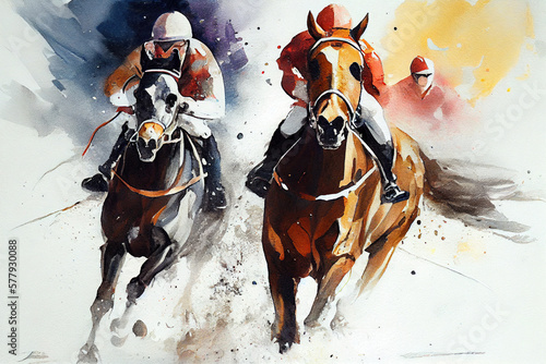 horse and rider Horse racing watercolor drawing generative by ai © artsakon