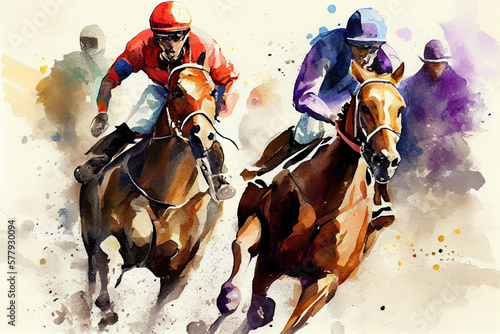 horse riding in the park Horse racing watercolor drawing generative by ai