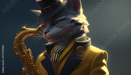 jazzy cat musician digital art illustration, Generative AI