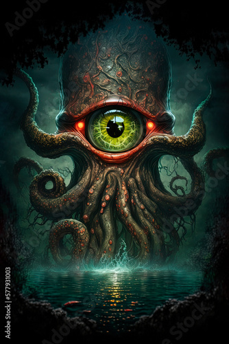 A giant octopus. Cthulhu. Lovecraft monster. Dark fantasy. Generative AI