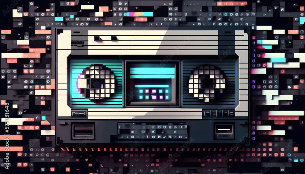 video cassette, pixel image in 80s style, multicolor pixels on black background