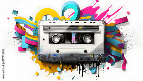 audio tape on white background in rainbow colors, 80-90s style, retro style, nostalgia