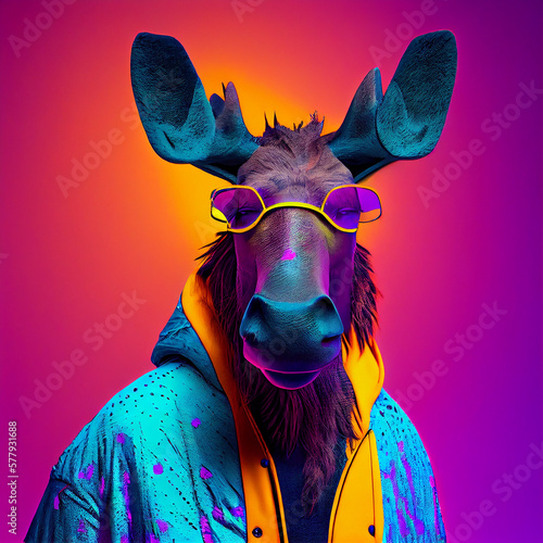 Realistic lifelike moose in fluorescent electric highlighters ultra-bright neon outfits, commercial, editorial advertisement, surreal surrealism. 80s Era comeback 