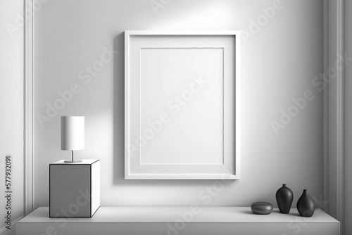 This stunning illustration features a white room with a blank frame on the wall, set against a minimalist background, providing the perfect interior design inspiration © Thares2020