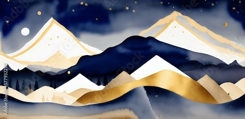 Mountain view at night in watercolor design. Elements. Template. Illustration, Generative AI