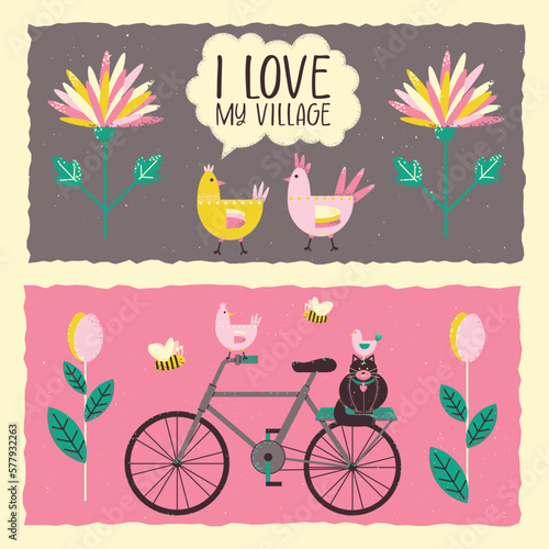 Vector illustration on the theme of the village with animals, cat, chicken, bees on a bicycle, flowers, chickens with the text I love the village.