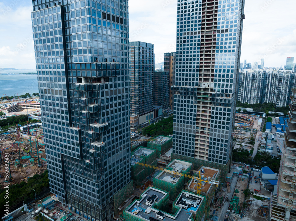 Obraz premium Shenzhen ,China - Circa 2022: Aerial view of construction site and landscape in Shenzhen city, China