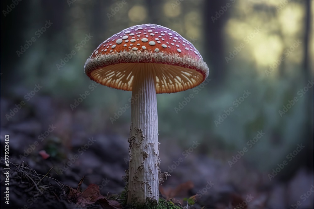 Fototapeta premium Magical mashroom in fantasy enchanted fairy tale forest with lots of brighness and lighting. Trippy mashroom psychodelic. Generative Ai