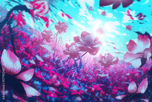 Fantasy glowing pink and blue blue flowers background. Generative AI fairy tale landscape illustration