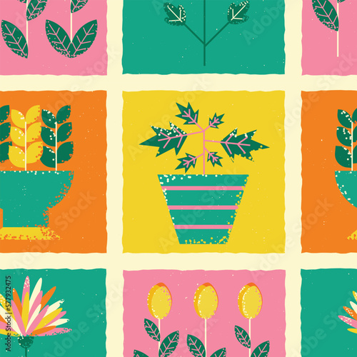 Pattern on the theme of plants. Square template with tulip flowers, flowerpots, flower beds with plants.