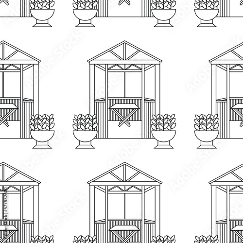 Pattern with arbors and flowerpots with potted plants, flower beds. Vector linear illustration.