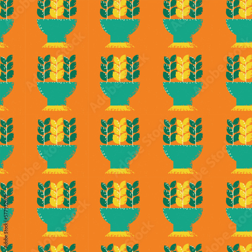 Pattern on the theme of plants. Square template with plants in pots, flower beds. Vector illustration in grunge style.