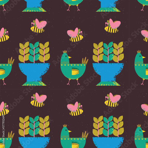 Pattern on the theme of plants and animals. Square template with potted plants, flower beds, bees and chicken.