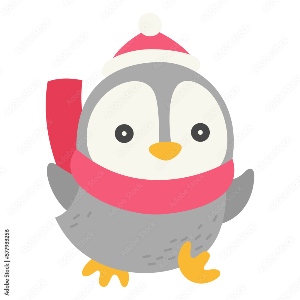 Penguin wearing scarf and hat, Winter animal doodle vector Penguin wearing scarf and hat, Winter animal doodle vector