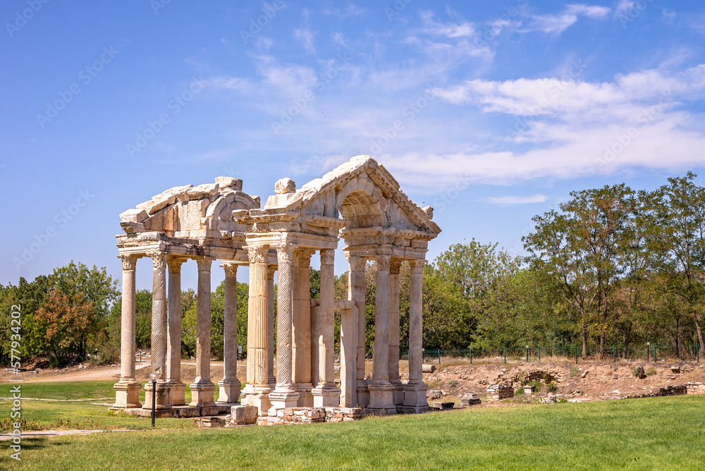 Fototapeta premium ruins of roman temple Tetrapylon in Aphrodisias, a remarkably preserved Roman-period city in ancient Caria, Turkey, UNESCO World Heritage Centre