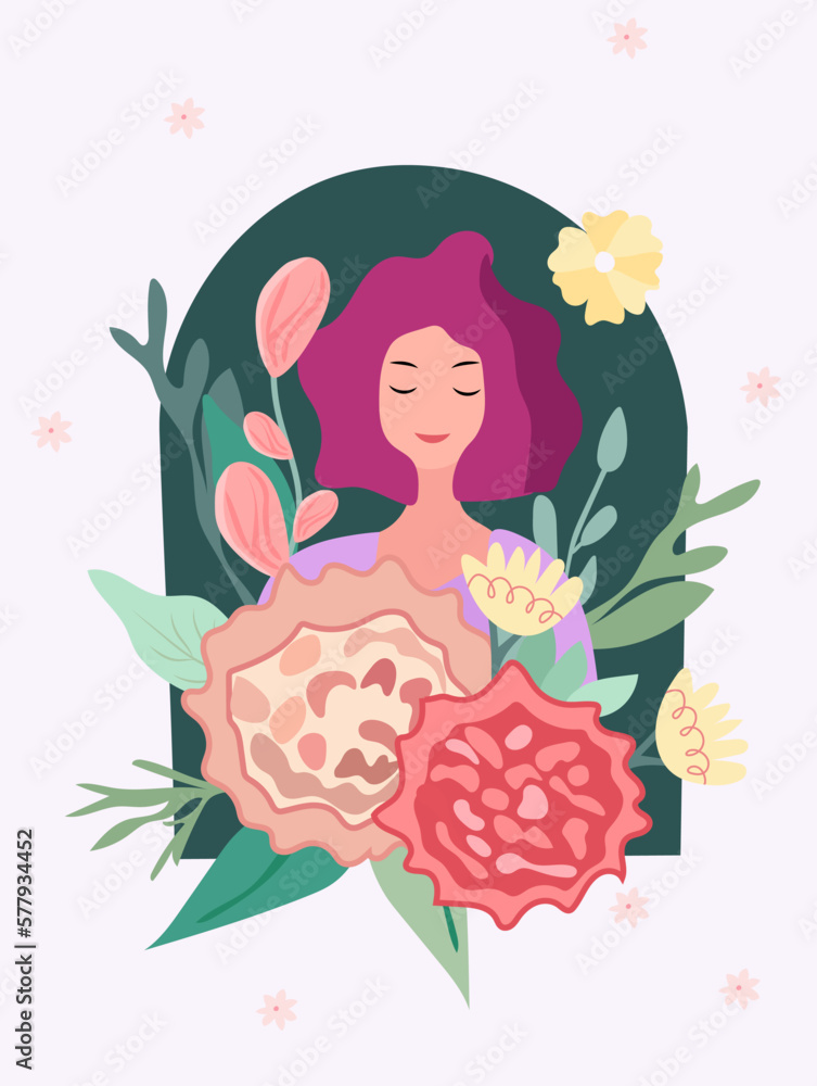 Happy women day, portrait of a woman with flowers and leaves. Spring flowering. Greeting cards are ideal for banners, cards, posters, postcards. Vector graphic. Happy women day, portrait of a woman with flowers and leaves. Spring flowering. Greeting cards are ideal for banners, cards, posters, postcards. Vector graphic.