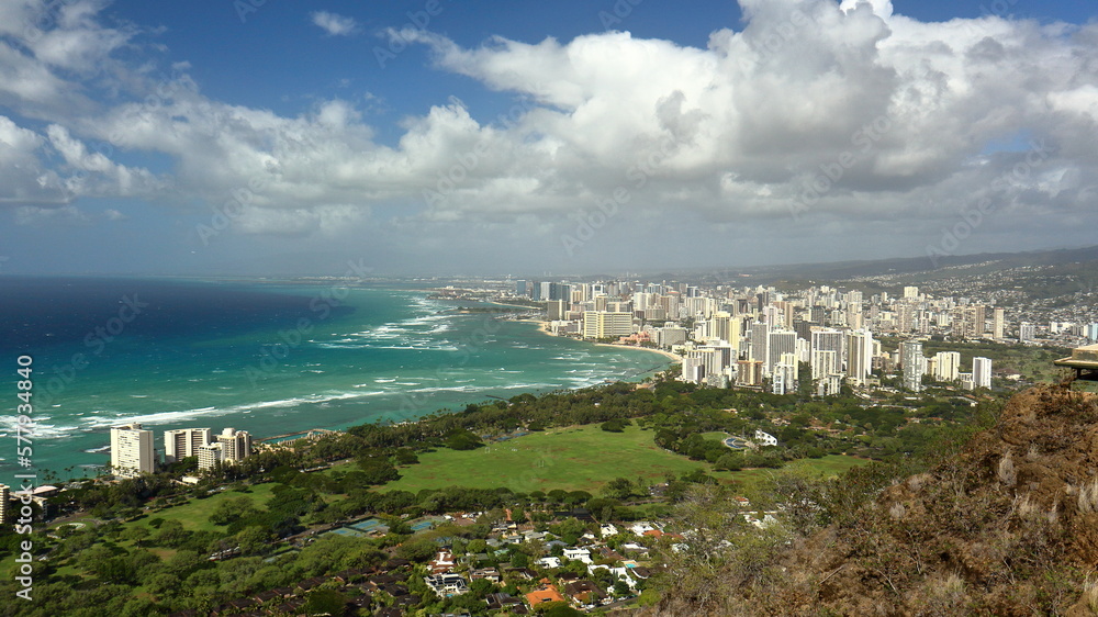 Scenic view overlooking Waikiki and the Kapi'olani Regional Park, from Diamond Head, Honolulu, Hawaii.
