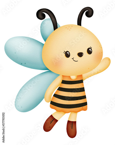 Watercolor cute bee cartoon character