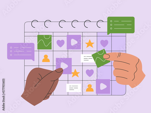 Content plan concept, internet marketing. Planning and promotion publication in networks and websites. Hand drawn vector illustration isolated on purple background, modern flat cartoon style