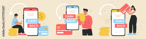 Set of young peoples receives cash back from online payment. Concept of Internet transaction, refund and saving money. Hand drawn vector illustration isolated on light background, flat cartoon style