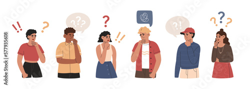 Confused young men and women stand in thoughtful poses. Puzzled people in doubts and questions. Hand drawn color vector illustration isolated on white background. Modern flat cartoon style