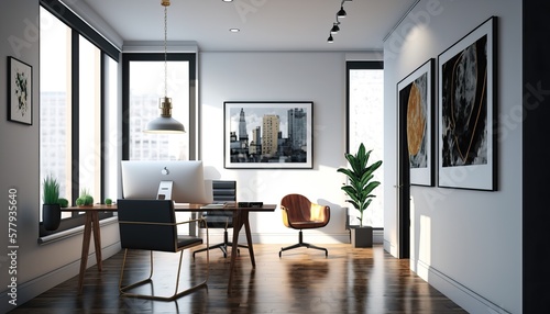 Modern Office Space Interior Design - Artistic Workspace series. White walls with light stained hardwood flooring  abstract art  and modern furnishings. Generative AI