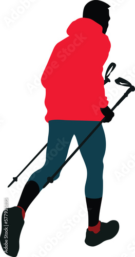 figure male athlete with trekking poles in his hands, uphill climb, red windbreaker, full length side view, black silhouette vector illustration on white background
