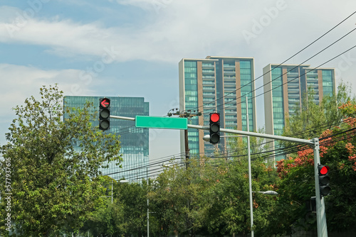 Overhead traffic lights in city. Road rules