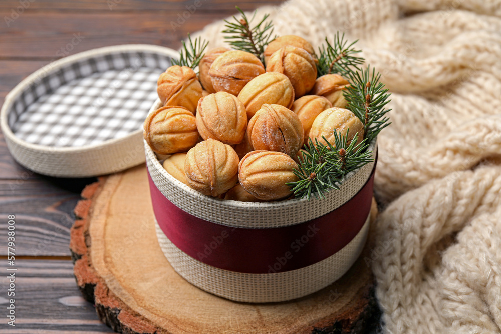 custom made wallpaper toronto digitalBowl of delicious nut shaped cookies and fir tree branches on wooden table