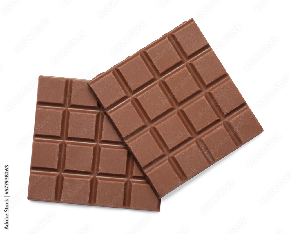 Pieces of tasty milk chocolate bar isolated on white, top view Pieces of tasty milk chocolate bar isolated on white, top view