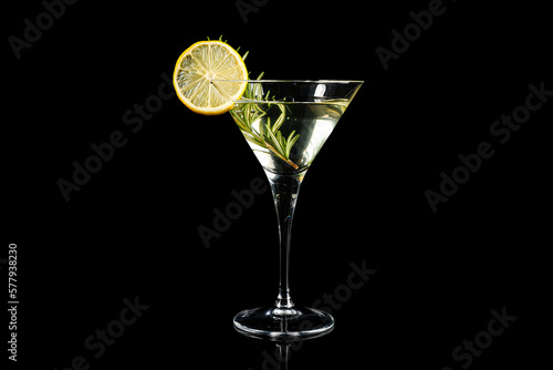 Martini cocktail with lemon slice and rosemary on black background