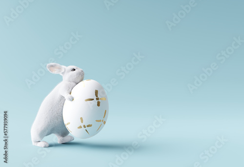 Bunny holding easter egg on pastel blue background. 3d rendering 