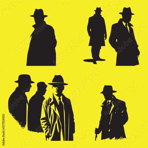 Mafia silhouette vector, Detective silhouette vector isolated on yellow background