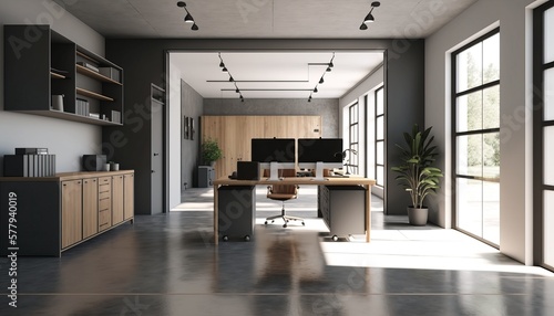 Modern Office Space Interior Design - Industrial Edge series. White walls with concrete flooring  light wood accents  and exposed ductwork. Generative AI