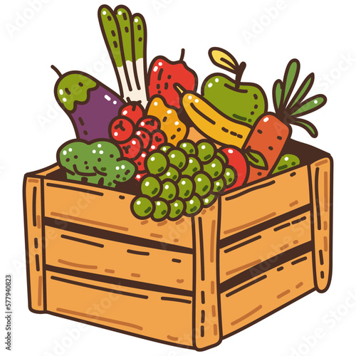 Wooden box with fruits and vegetables vector cartoon illustration isolated on a white background.