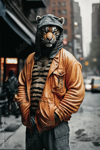 Portrait of a hooded Tiger dressed in clothes and standing alone on a rainy street in the middle of the city. Generative ai