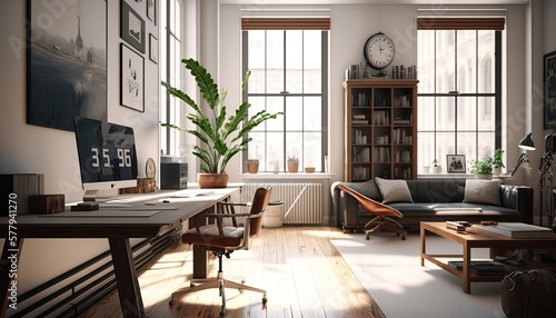 Modern Office Space Interior Design - Bright & Airy series. White walls, light wood flooring and natural light, with pops of green from indoor plants. Generative AI