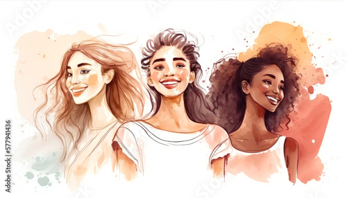 Happy women group for International Women’s day , watercolor style illustration by Generative Ai