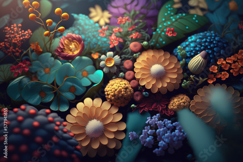 Colorful vibrant floral background with flowers of different sizes and shapes. Created with Generative AI Technology