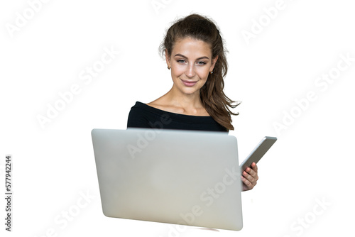 Beautiful woman working laptop online computer office, transparent background, isolated, png.