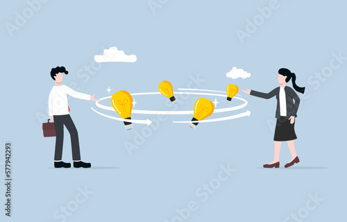 Sharing ideas or knowledge in workplace, transfer experience between colleagues, exchange perspective concept, Colleagues having convesation with idea light bulbs spinning between them.