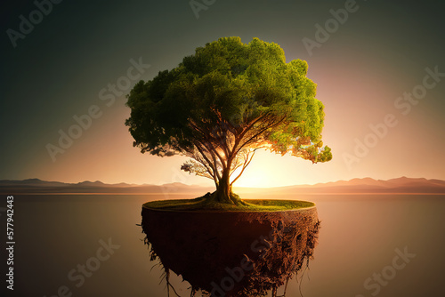 Panorama small tree growing with sunrise. green world and earth day concept. Generative Ai