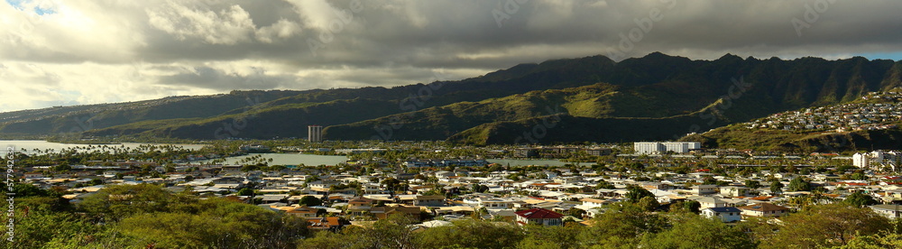 Scenic panoramic view over Hawaii Kai suburbs and surrounding mountain landscape, near Honolulu, Hawaii