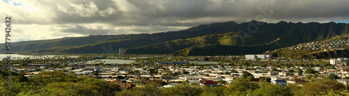 Scenic panoramic view over Hawaii Kai suburbs and surrounding mountain landscape, near Honolulu, Hawaii