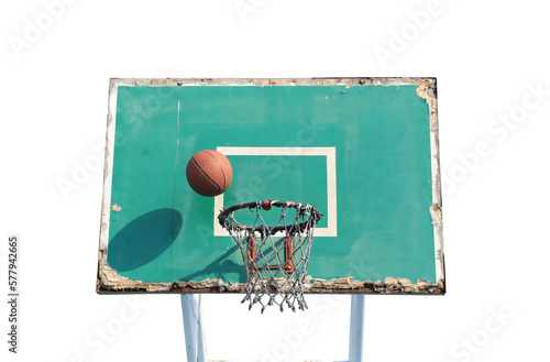Basketball with shadow on old green backboard transparent. photo