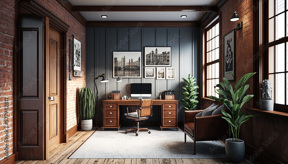 Modern Rustic - Modern Office Space Interior Design. White walls with exposed brick and stained wood paneling, with natural textured furnishings. Generative AI Modern Rustic - Modern Office Space Interior Design. White walls with exposed brick and stained wood paneling, with natural textured furnishings. Generative AI