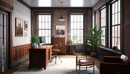 Modern Rustic - Modern Office Space Interior Design. White walls with exposed brick and stained wood paneling, with natural textured furnishings. Generative AI © Ardreen