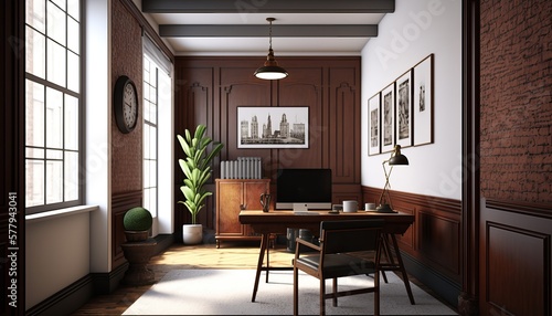 Modern Rustic - Modern Office Space Interior Design. White walls with exposed brick and stained wood paneling  with natural textured furnishings. Generative AI